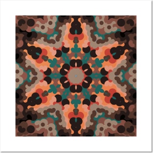 Retro Mandala Flower Orange Blue and Brown Posters and Art